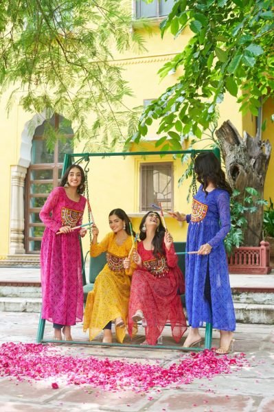 Vibrant Hot Pink Bandhani Georgette Gown with Gamthi Patchwork Readymade for Dandiya  Navratri Collection