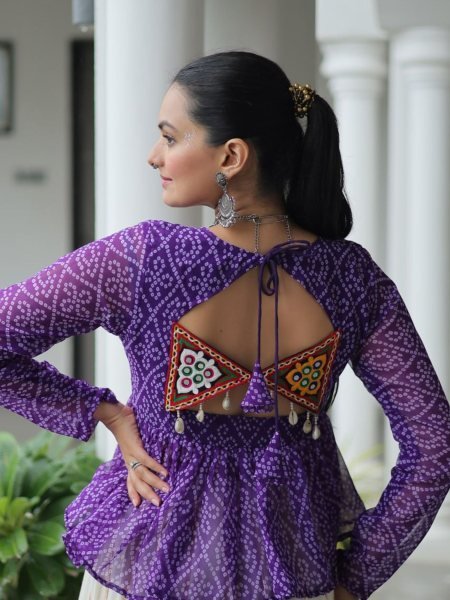 Purple Bandhani Lehenga Choli in Kora Cotton with Gamthi Gota Work Perfect for Dandiya Nights 