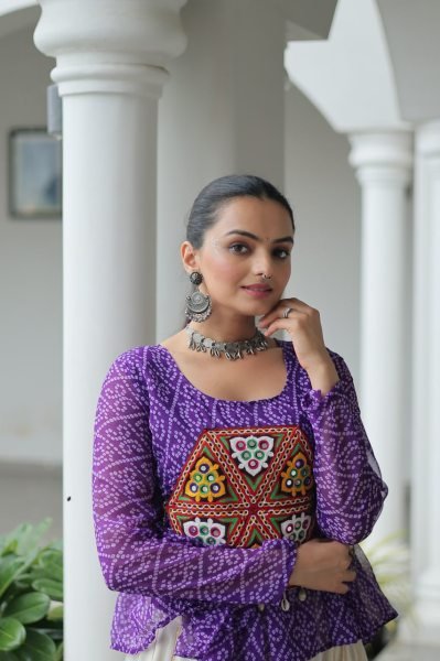 Purple Bandhani Lehenga Choli in Kora Cotton with Gamthi Gota Work Perfect for Dandiya Nights Navratri Collection