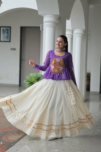 Purple Bandhani Lehenga Choli in Kora Cotton with Gamthi Gota Work Perfect for Dandiya Nights Navratri Collection