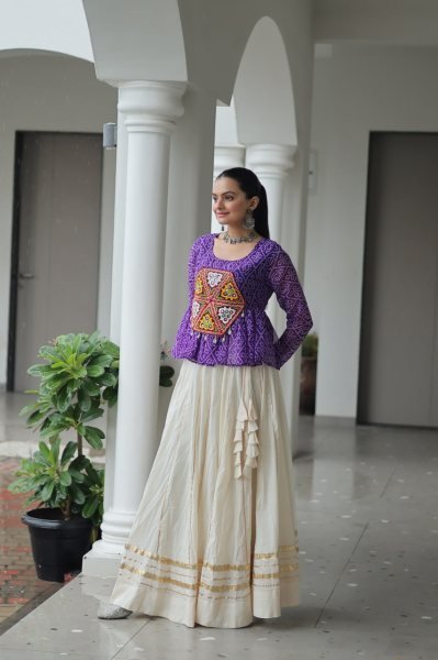 Purple Bandhani Lehenga Choli in Kora Cotton with Gamthi Gota Work Perfect for Dandiya Nights Navratri Collection