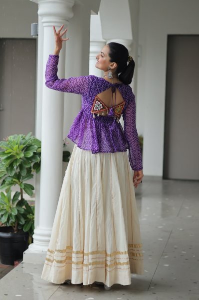 Purple Bandhani Lehenga Choli in Kora Cotton with Gamthi Gota Work Perfect for Dandiya Nights Navratri Collection