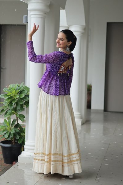Purple Bandhani Lehenga Choli in Kora Cotton with Gamthi Gota Work Perfect for Dandiya Nights Navratri Collection