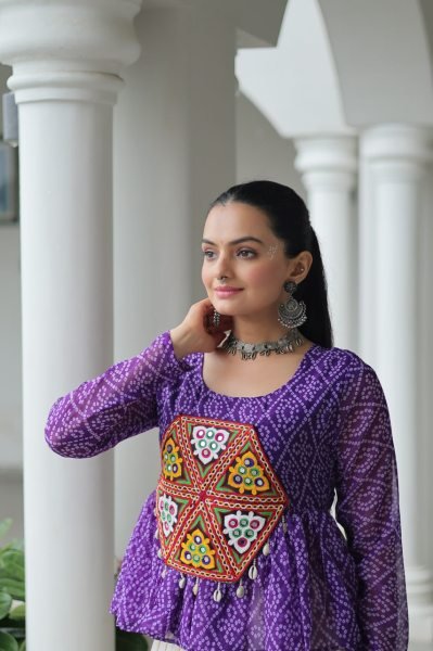 Purple Bandhani Lehenga Choli in Kora Cotton with Gamthi Gota Work Perfect for Dandiya Nights Navratri Collection