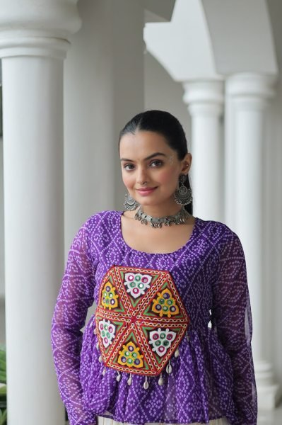 Purple Bandhani Lehenga Choli in Kora Cotton with Gamthi Gota Work Perfect for Dandiya Nights Navratri Collection
