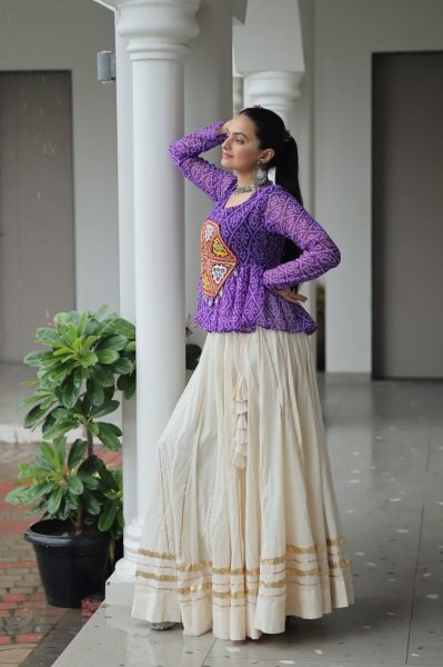 Purple Bandhani Lehenga Choli in Kora Cotton with Gamthi Gota Work Perfect for Dandiya Nights Navratri Collection