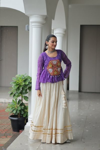 Purple Bandhani Lehenga Choli in Kora Cotton with Gamthi Gota Work Perfect for Dandiya Nights Navratri Collection