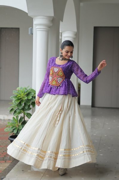 Purple Bandhani Lehenga Choli in Kora Cotton with Gamthi Gota Work Perfect for Dandiya Nights Navratri Collection