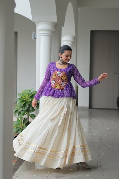 Purple Bandhani Lehenga Choli in Kora Cotton with Gamthi Gota Work Perfect for Dandiya Nights Navratri Collection