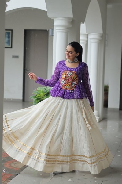Purple Bandhani Lehenga Choli in Kora Cotton with Gamthi Gota Work Perfect for Dandiya Nights Navratri Collection