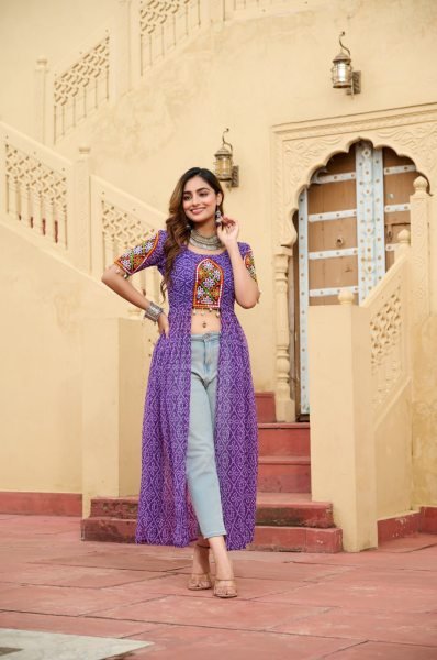 Purple Bandhani Print Kurti in Georgette with Kutchi Embroidery Dandiya Special Navratri Collection