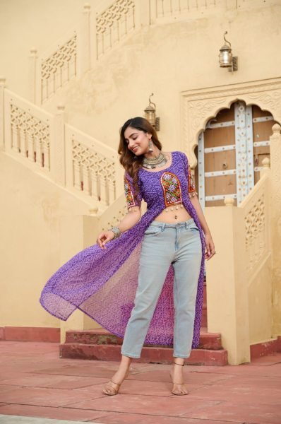 Purple Bandhani Print Kurti in Georgette with Kutchi Embroidery Dandiya Special Navratri Collection