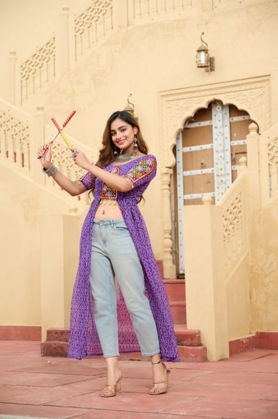 Purple Bandhani Print Kurti in Georgette with Kutchi Embroidery Dandiya Special Navratri Collection