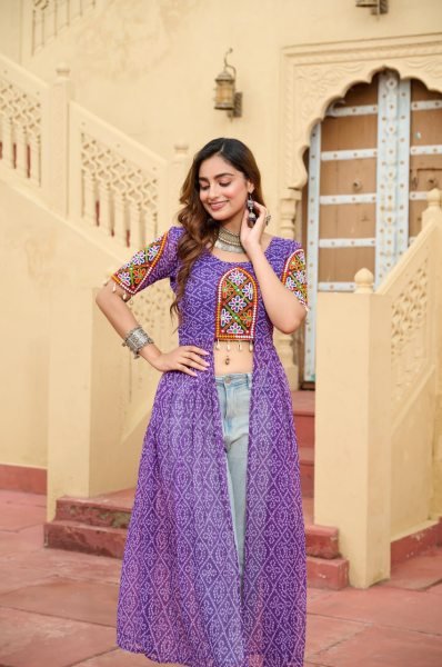 Purple Bandhani Print Kurti in Georgette with Kutchi Embroidery Dandiya Special Navratri Collection