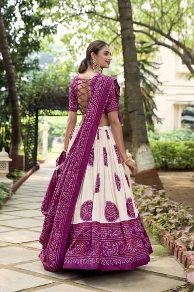 Purple Bandhej Print Lehenga Choli In Tussar Silk Navratri Lehnega Choli