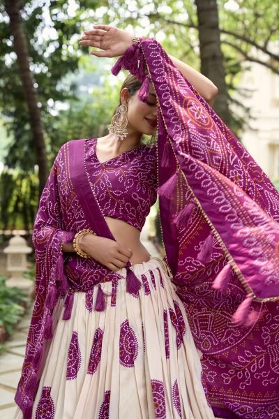 Purple Bandhej Print Lehenga Choli In Tussar Silk Navratri Lehnega Choli