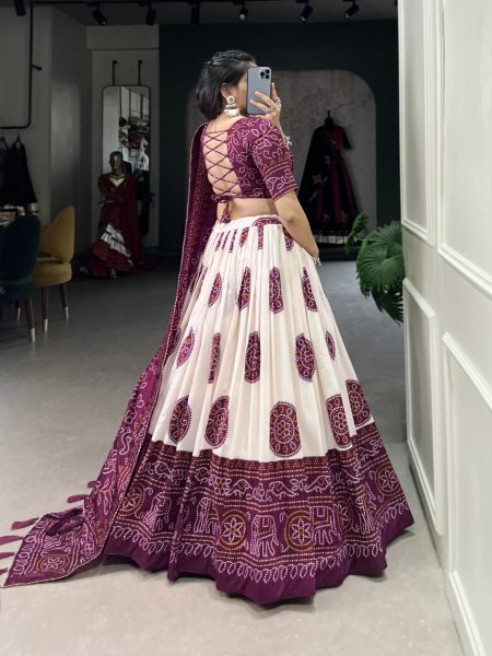 Purple Bandhej Print Lehenga Choli In Tussar Silk Navratri Lehnega Choli