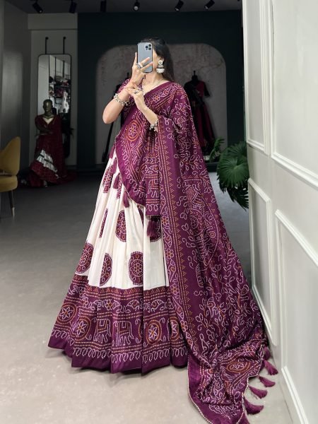Purple Bandhej Print Lehenga Choli In Tussar Silk Navratri Lehnega Choli