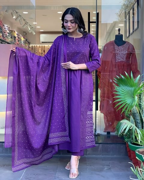 Purple Chanderi Readymade Pant Style Kurti with Dupatta Festive Wear 2025 3 Piece Kurti Set