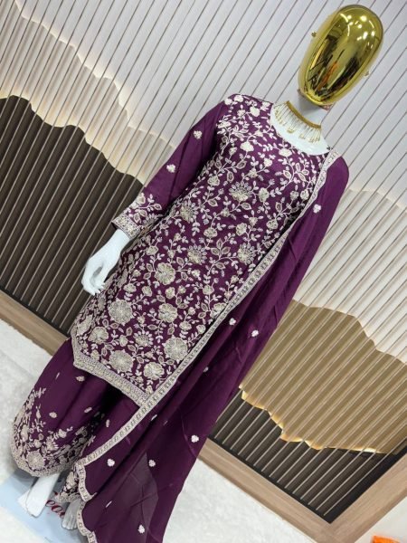 Purple Chinon Palazzo Suit with Exquisite Embroidery and Chinon Silk Dupatta Ready To Wear Collection