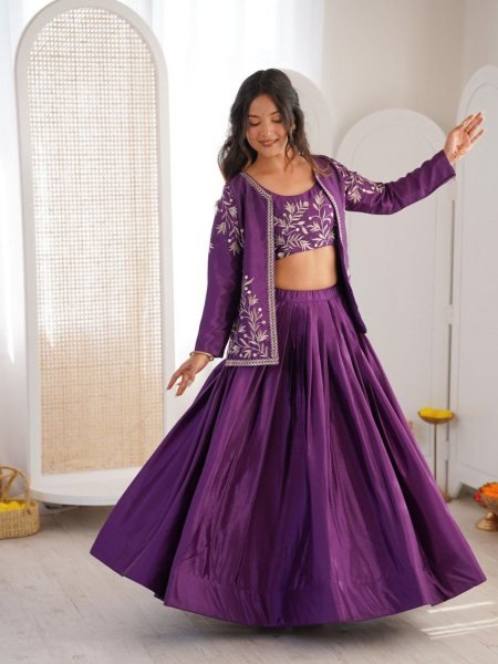 Purple Chinon Silk Lehenga Choli Set An Embroidered Blouse With Matching Jacket