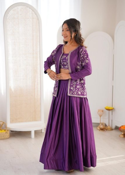 Purple Chinon Silk Lehenga Choli Set An Embroidered Blouse With Matching Jacket Designer Lehenga Choli