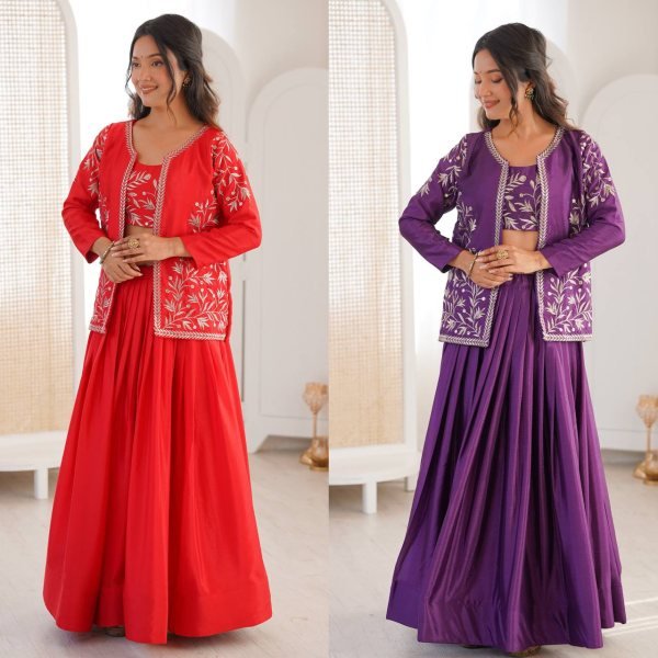 Purple Chinon Silk Lehenga Choli Set An Embroidered Blouse With Matching Jacket Designer Lehenga Choli