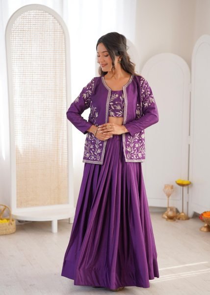 Purple Chinon Silk Lehenga Choli Set An Embroidered Blouse With Matching Jacket Designer Lehenga Choli
