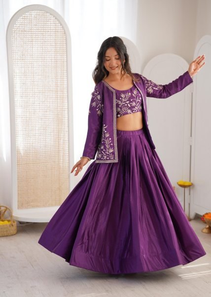Purple Chinon Silk Lehenga Choli Set An Embroidered Blouse With Matching Jacket Designer Lehenga Choli