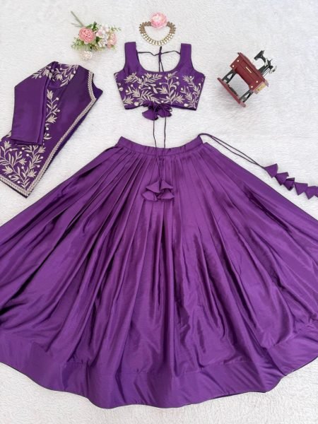 Purple Chinon Silk Lehenga Choli Set An Embroidered Blouse With Matching Jacket Designer Lehenga Choli