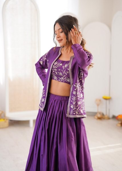 Purple Chinon Silk Lehenga Choli Set An Embroidered Blouse With Matching Jacket Designer Lehenga Choli