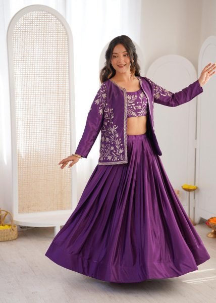 Purple Chinon Silk Lehenga Choli Set An Embroidered Blouse With Matching Jacket Designer Lehenga Choli