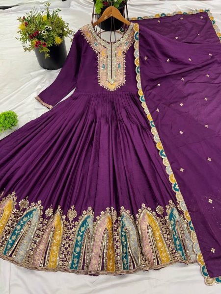 Purple Classy Designer  Heavy Anarkali Dress With Embroidery Work Ready To Wear Collection