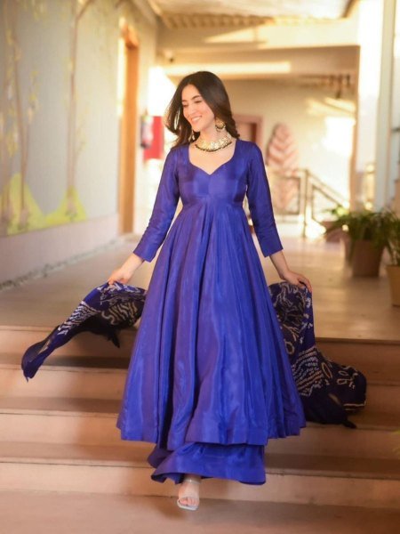 Purple Color Chinnon Silk Anarkali Kurti  With Cotton Dupatta  Anarkali Kurtis 