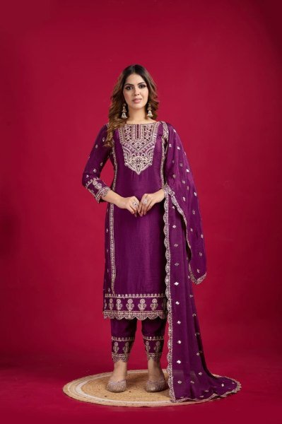 Purple Color Chinon Silk Salwar Suit with Heavy Embroidery & Mirror Work At Manufacturer Rates Ready To Wear Collection
