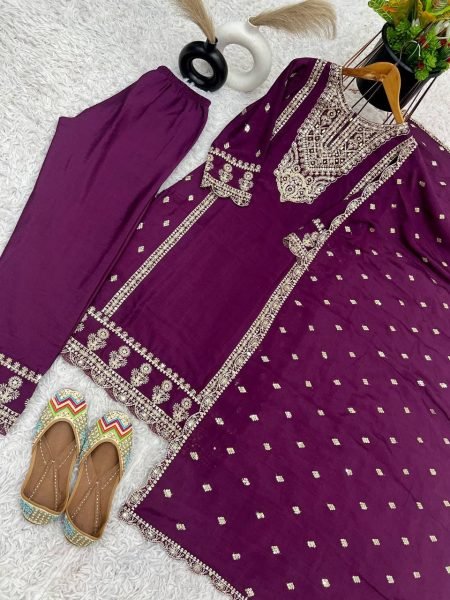 Purple Color Chinon Silk Salwar Suit with Heavy Embroidery & Mirror Work At Manufacturer Rates Ready To Wear Collection