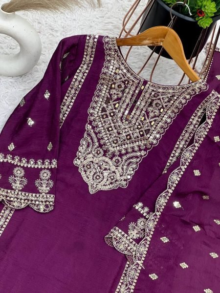 Purple Color Chinon Silk Salwar Suit with Heavy Embroidery & Mirror Work At Manufacturer Rates Ready To Wear Collection