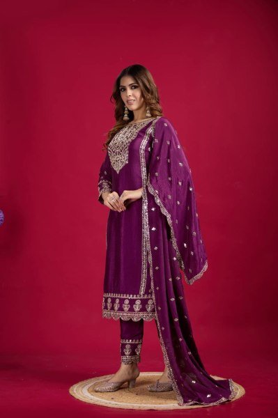 Purple Color Chinon Silk Salwar Suit with Heavy Embroidery & Mirror Work At Manufacturer Rates Ready To Wear Collection