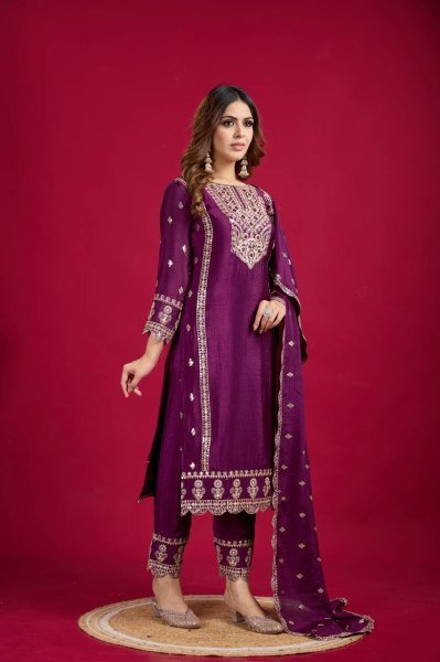 Purple Color Chinon Silk Salwar Suit with Heavy Embroidery & Mirror Work At Manufacturer Rates Ready To Wear Collection