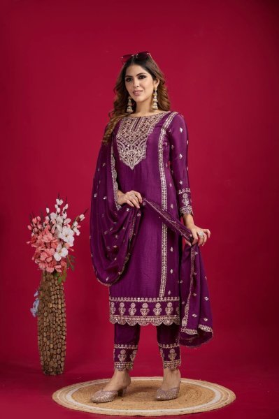 Purple Color Chinon Silk Salwar Suit with Heavy Embroidery & Mirror Work At Manufacturer Rates Ready To Wear Collection