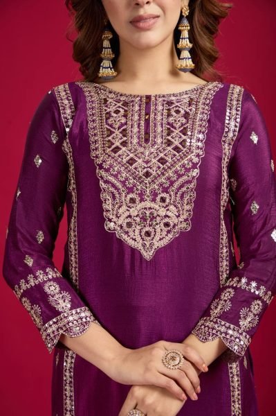 Purple Color Chinon Silk Salwar Suit with Heavy Embroidery & Mirror Work At Manufacturer Rates Ready To Wear Collection