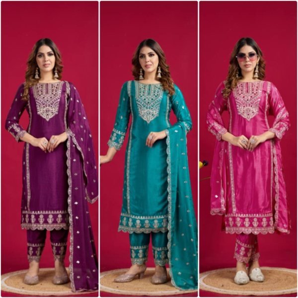Purple Color Chinon Silk Salwar Suit with Heavy Embroidery & Mirror Work At Manufacturer Rates Ready To Wear Collection