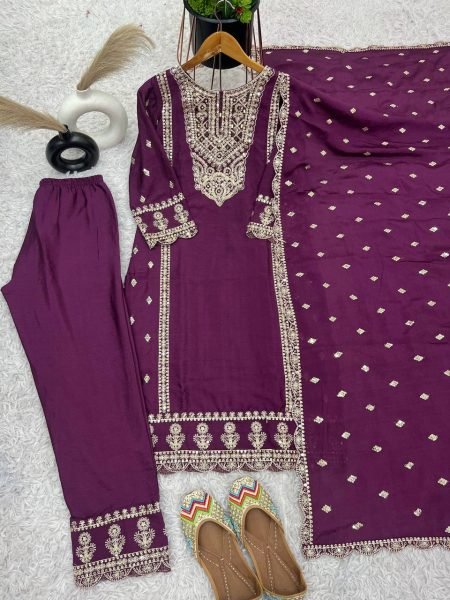 Purple Color Chinon Silk Salwar Suit with Heavy Embroidery & Mirror Work At Manufacturer Rates Ready To Wear Collection