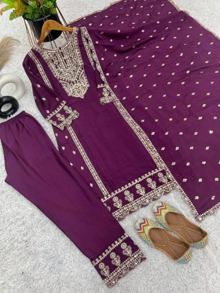 Purple Color Chinon Silk Salwar Suit with Heavy Embroidery & Mirror Work At Manufacturer Rates Ready To Wear Collection