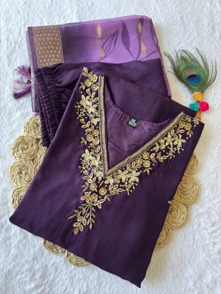 Purple color designer partywear roman silk  Handwork suit  3 Piece Kurti Set