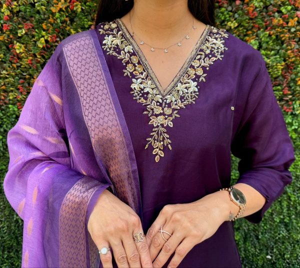 Purple color designer partywear roman silk  Handwork suit  3 Piece Kurti Set