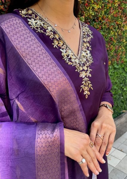 Purple color designer partywear roman silk  Handwork suit  3 Piece Kurti Set