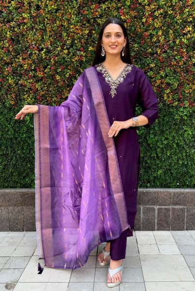 Purple color designer partywear roman silk  Handwork suit  3 Piece Kurti Set