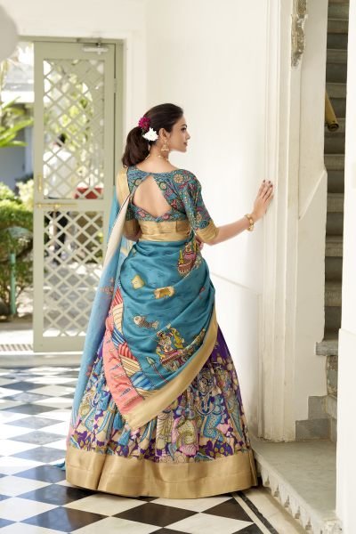 Purple Color Dola Silk Designer Kalamkari Print Lehenga Choli Half Saree Lehenga