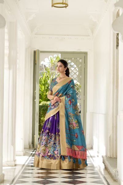 Purple Color Dola Silk Designer Kalamkari Print Lehenga Choli Half Saree Lehenga